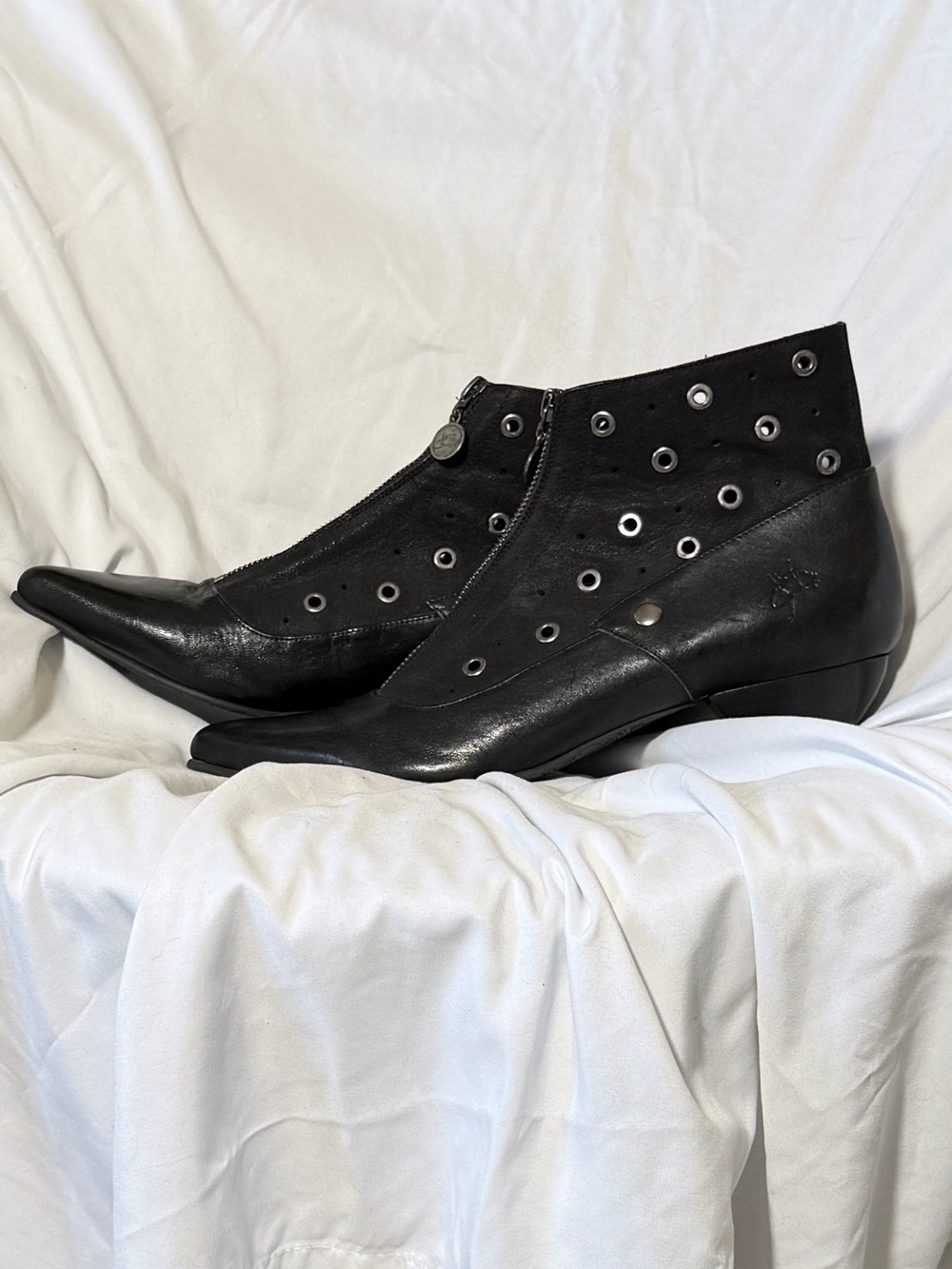 John Fluevog Black Perforated Grommet Front-Zip Ankle Boots - Picture 4 of 6